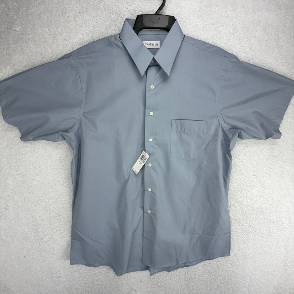 Van Heusen‎ Mens XL Blue Wrinkle Free Poplin Short Sleeve Dress Shirt NWT 17 XL